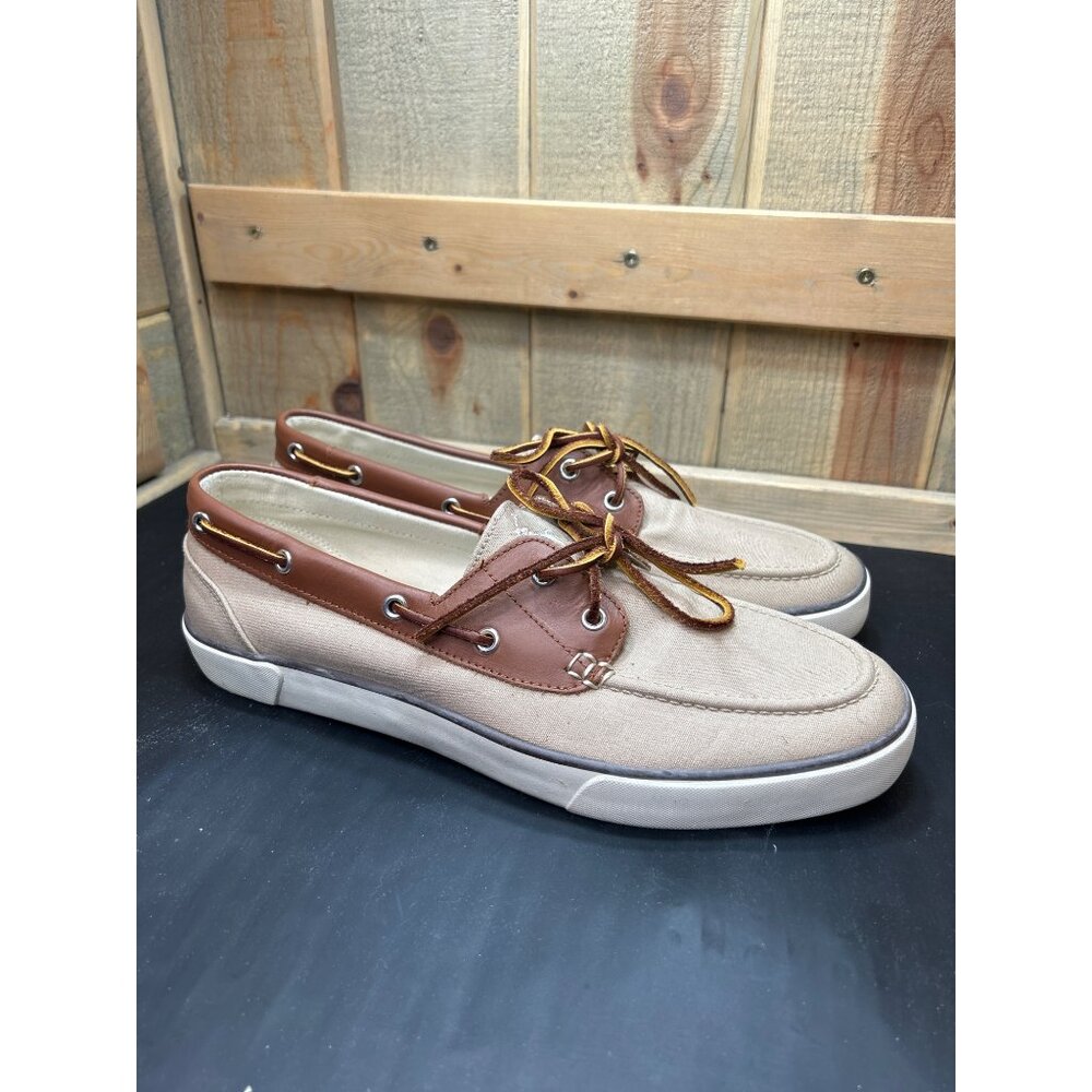Polo Ralph Lauren Mens Boat Shoes Tan Brown Canvas Leather Size 13D